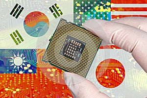 South Korea, USA, Taiwan and Japan flags and semiconductor chips. Chip4 alliance concept