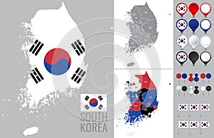 South Korea vector map with flag, globe and icons on white background