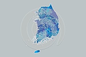 South Korea watercolor map vector illustration of blue color with border lines of different provinces on dark background