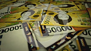 South Korea Won 50000 banknote flying over money surface