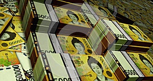 South Korea Won 50000 banknote packs - flying over KRW money stack