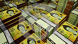 South Korea Won 50000 banknote packs - flying over KRW money stack