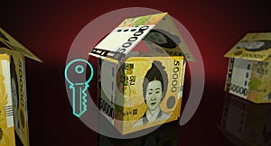 South Korea Won 50000 KRW money banknotes paper house on the table 3d illustration