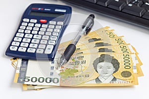 South Korea won currency in 50 000 won value, save money concept