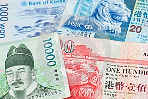 South Korea Won KRW and Hong Kong Dollar HKD banknotes.