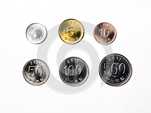 South Korean coins on a white background