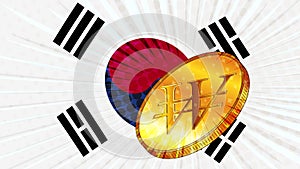 South Korean flag and golden coin with sign currency Republic of Korea won KRW. CBDC concept