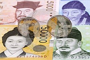 South Korean Won coins on the background of banknotes