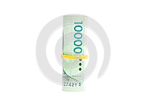 South Korean won currency tied rubber band on white background