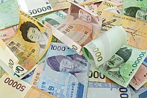 South Korean Won Currency. Various bank notes placed