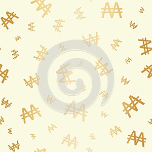 South Korean Won icon seamless vector pattern background. Black simple Korean currency symbol gold foil effect backdrop