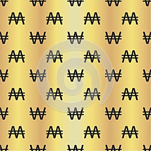 South Korean Won icon seamless vector pattern background. Black simple Korean currency symbol gold foil effect backdrop