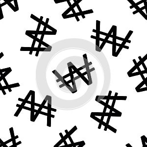 South Korean Won icon seamless vector pattern background. Black simple Korean currency symbol on white backdrop