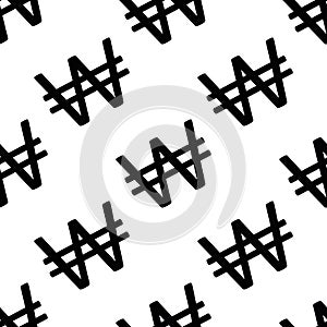 South Korean Won icon seamless vector pattern background. Black simple Korean currency symbol on white backdrop