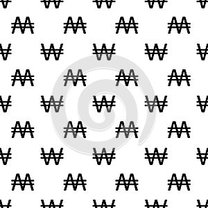 South Korean Won icon seamless vector pattern background. Black simple Korean currency symbol on white backdrop