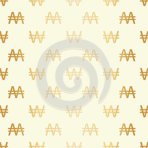South Korean Won icon seamless vector pattern background. Simple Korean currency symbol gold foil effect backdrop