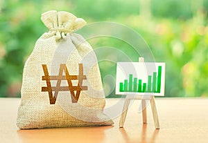 South korean won money bag and easel with green positive growth graph. Economic development. Deposits profitability.