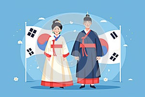 South Koreans in national dress with a flag. Man and woman in traditional costume. Travel to South Korea. People. Vector flat