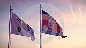 South and North Korea flags show the tension and confrontation between Seoul and pyongyang