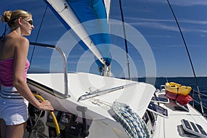 South Pacific Ocean - Girl on a catamaran