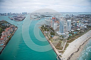 South Pointe Park, Fisher Island and Miami skyline, aerial view