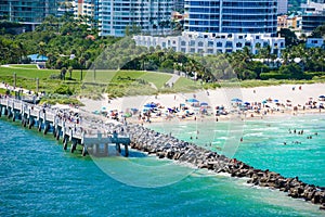 South Pointe Park and Pier at South Beach, Miami Beach. Aerial view. Paradise and tropical coast of Florida, USA