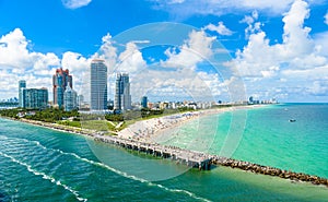 South Pointe Park and Pier at South Beach, Miami Beach. Aerial view. Paradise and tropical coast of Florida, USA