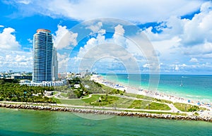 South Pointe Park and Pier at South Beach, Miami Beach. Aerial view. Paradise and tropical coast of Florida, USA