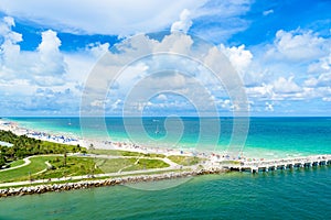 South Pointe Park and Pier at South Beach, Miami Beach. Aerial view. Paradise and tropical coast of Florida, USA