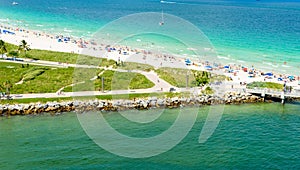 South Pointe Park and Pier at South Beach, Miami Beach. Aerial view. Paradise and tropical coast of Florida, USA