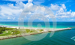 South Pointe Park and Pier at South Beach, Miami Beach. Aerial view. Paradise and tropical coast of Florida, USA