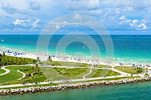 South Pointe Park and Pier at South Beach, Miami Beach. Aerial view. Paradise and tropical coast of Florida, USA