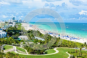 South Pointe Park and Pier at South Beach, Miami Beach. Aerial view. Paradise and tropical coast of Florida, USA