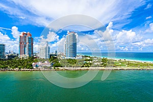 South Pointe Park and Pier at South Beach, Miami Beach. Aerial view. Paradise and tropical coast of Florida, USA