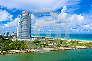 South Pointe Park and Pier at South Beach, Miami Beach. Aerial view. Paradise and tropical coast of Florida, USA