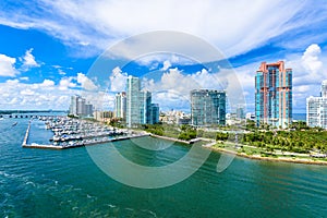 South Pointe Park and Pier at South Beach, Miami Beach. Aerial view. Paradise and tropical coast of Florida, USA photo
