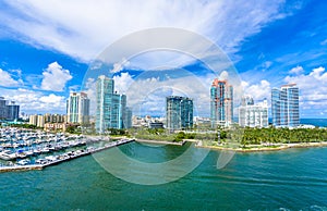 South Pointe Park and Pier at South Beach, Miami Beach. Aerial view. Paradise and tropical coast of Florida, USA