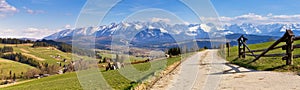 South Poland Panorama with snowy Tatra mountains in spring,