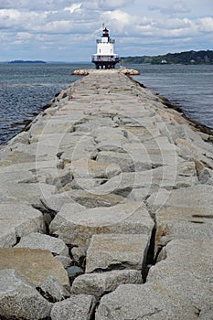 South Portland, Maine, USA: A long causeway leads visitors to Spring Point Ledge Light, 1897