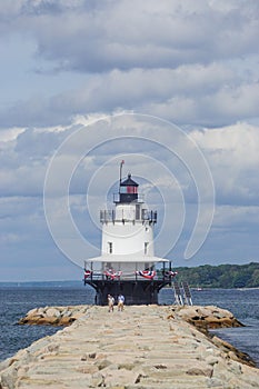 South Portland, Maine, USA: Visitors on the causeway leading to Spring Point Ledge Light, 1897