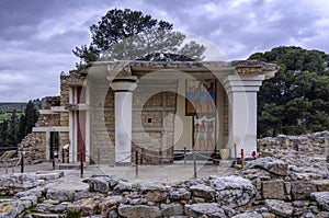 South Propylaeum restored building with the two frescoes at the archaeological site of Knossos