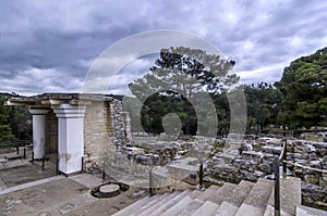 South Propylaeum restored building with the two frescoes at the archaeological site of Knossos in Heraklion