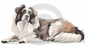 South Russian shepherd dog with fluffy hair. Puppy lying, relaxing. Flat modern illustration isolated on white.