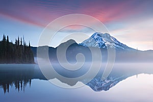 South Sister and Broken Top reflect over the calm waters of Sparks Lake at sunrise in the Cascades Range in Central Oregon, USA in photo