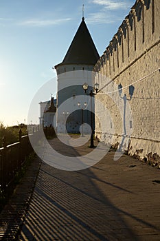 South stone defensive wall and South-eastern round tower of Tobolsk Kremlin. Tobolsk. Russia
