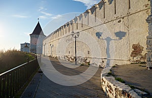 South stone defensive wall and South-eastern round tower of Tobolsk Kremlin. Tobolsk. Russia