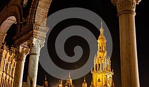 The South Tower of Plaza de Espana illuminated on a beautiful night