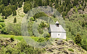 South Tyrol, Ridnaun Valley. Small chapel in the mountains in the green