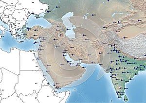 South West Asia continent Illustration with the Airports