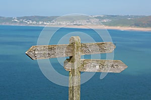 South west coast path sign to Woolacombe Devon England UK